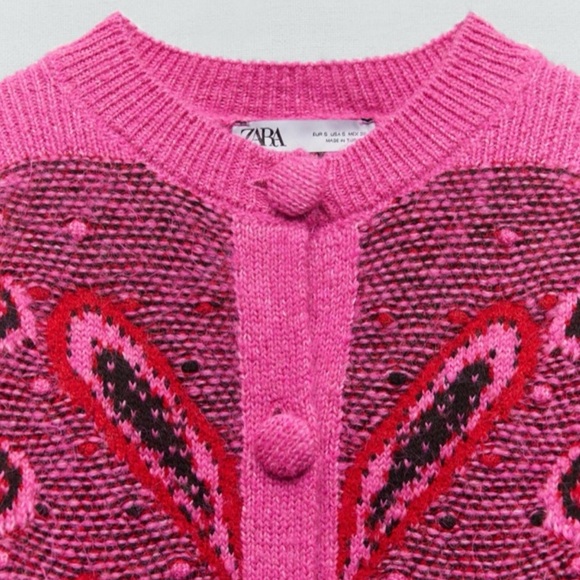 ZARA Pink Jacquard Knit Cardigan with Pompoms Size Large Bloggers Fave 5802/162 - Picture 3 of 14